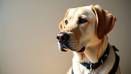 Alert guide dog looking sideways in soft indoor light