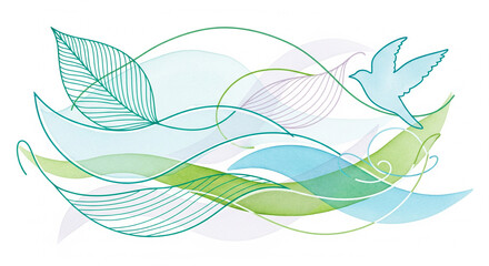 Obraz premium A watercolor painting of nature with abstract leaves, wind, water, and grass mixed together while birds fly.