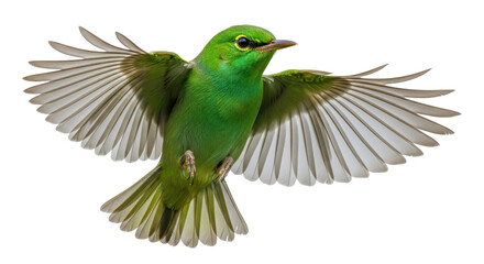 Isolated green broadbill shows off wings while perched mid-air, a natural avian photo