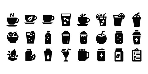Beverages and smoothies glyph icon set. Vector pictograms of protein, shake, detox, kombucha, sparkling water bottle, takeaway, almond milk, black sign silhouette illustration.