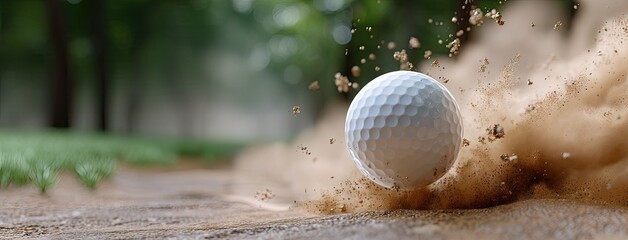 Golf ball striking the sand in a bunker during a sunny day on the course with lush trees in the background