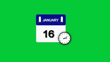 January month 16 date calendar icon  animation with clock  on transparent background. Calendar icon January 16 HD animation. January month 16 calendar date black screen.