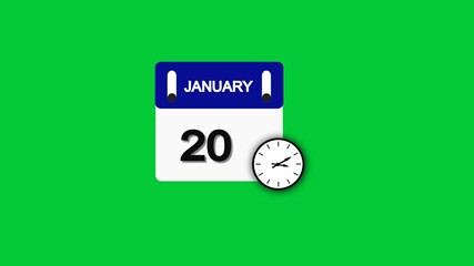 January month 20 date calendar icon  animation with clock  on transparent background. Calendar icon January 20 HD animation. January month 20 calendar date black screen.