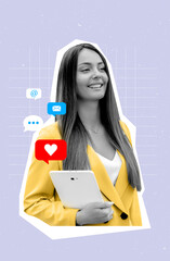 composite collage of a businesswoman holding a tablet with social media icons on a dark grey background