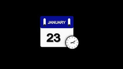 January month 23 date calendar icon  animation with clock  on transparent background. Calendar icon January 23 HD animation. January month 23 calendar date black screen.