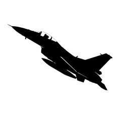 Silhouette of a modern fighter jet aircraft in flight against a white background