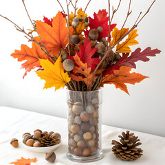 Still life with autumn leaves and acorns