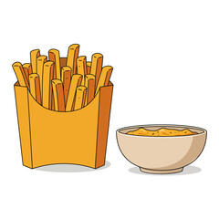 Hand drawn illustration of a carton of golden french fries next to a bowl of cheese sauce on a white background