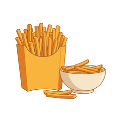 Delicious golden french fries served in a classic red carton and a white bowl on a white background