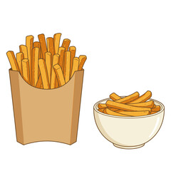 Crispy golden french fries served in a brown paper carton and a white ceramic bowl isolated on white