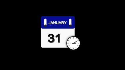 January month 31 date calendar icon  animation with clock  on transparent background. Calendar icon January 31 HD animation. January month 31 calendar date black screen.