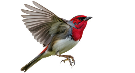 Isolated colorful bird with bright red head and body in flight is ready to land lightly
