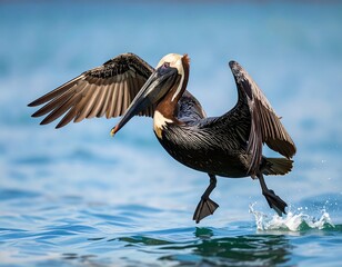 Brown pelican in flight, landing in water