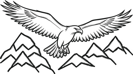 Eagle flying over mountains drawing vector illustration art