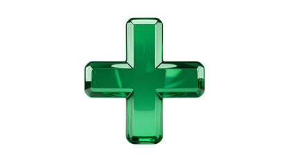 Fototapeta premium Emerald plus symbol gleaming softly on isolated transparent field, ethereal isolated on solid white background