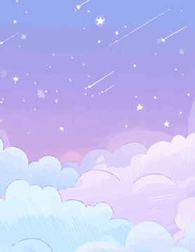 Ilustra&ccedil;&atilde;o vetorial de c&eacute;u noturno pastel com estrelas e nuvens