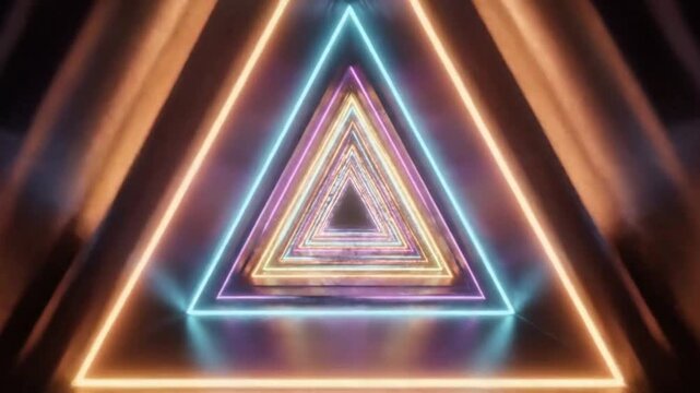 Mesmerizing abstract tunnel of glowing neon triangles creating an infinite geometric pathway with vibrant, futuristic light effects, perfect for modern digital backgrounds and creative projects