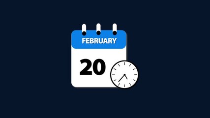 February month 20 date calendar icon  animation with clock  on transparent background. Calendar icon February 20 HD animation. February month 20 calendar date black screen.