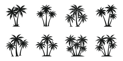 Fototapeta premium Palm tree silhouette vector set tropical beach island summer holiday design collection.