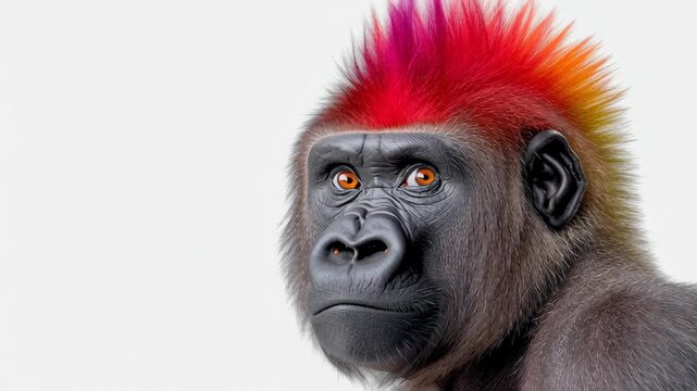 Vibrant gorilla with colorful mohawk hairstyle displays a striking profile, showcasing unique features and expressive eyes, capturing the essence of wildlife in a captivating and artistic manner