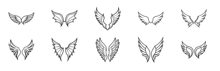 Obraz premium Hand drawn wings feather silhouette vector collection, abstract decorative design pairs.
