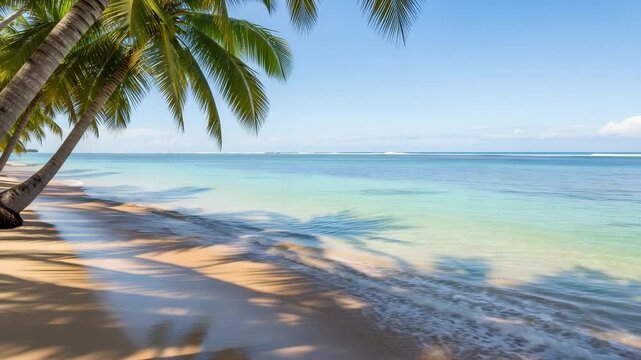 Idyllic tropical beach with palm trees casting shadows on the sand and turquoise water in Samoa, south pacific
