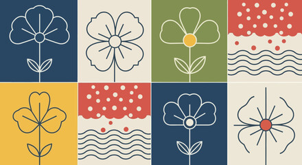 Geometric Flower Vector Pattern with Line Art in Square Backgrounds Modern Multicolor Design