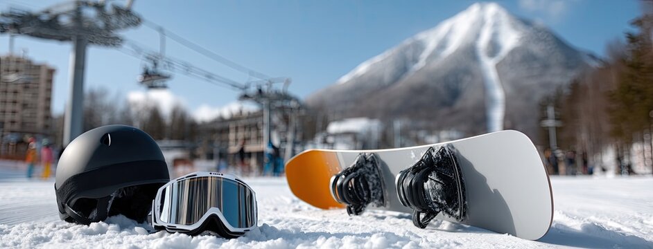 Winter sports gear arranged on snow with ski lifts in background and mountain peak under bright blue sky - Powered by Adobe