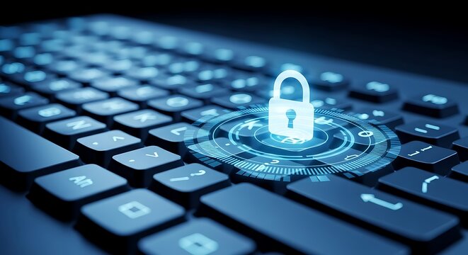 A digitally enhanced security lock graphic displayed on a dark computer keyboard.