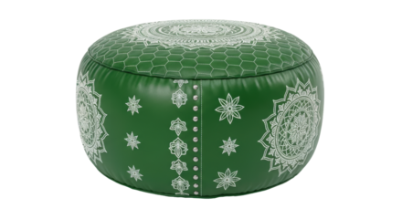 Isolated green leather pouf, stylish bohemian furniture to relax and decorate a house