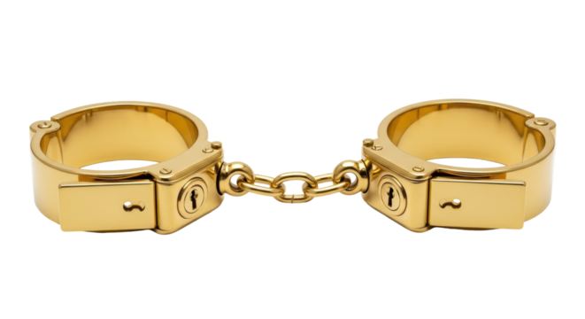Isolated pair of golden-colored metallic handcuffs for restraint or bondage on neutral backdrop