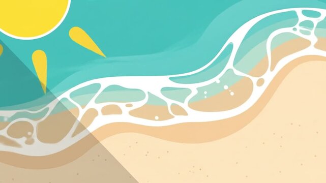 Animated Illustration of Waves and Sun Over Beach Scene with Soft Pastel Colors