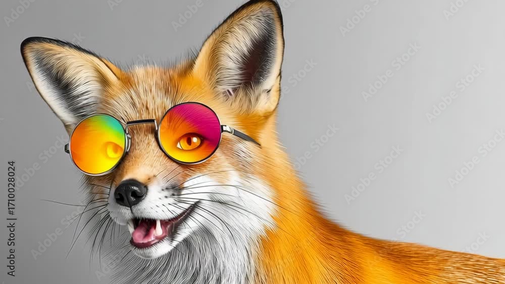 Poster vibrant fox character wearing stylish round sunglasses, showcasing playful expressions and unique co