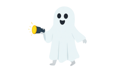 A cute cartoon witch character with a pumpkin and a smiling ghost illustration for a fun Halloween holiday design ,also message for flashlight.
