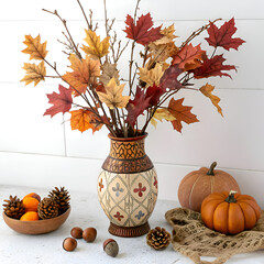 Still life with autumn leaves and acorns