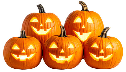 Scary Halloween jack-o'-lantern with a creepy carved smile on an orange pumpkin isolated on white background.