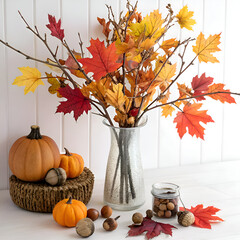 Still life with autumn leaves and acorns