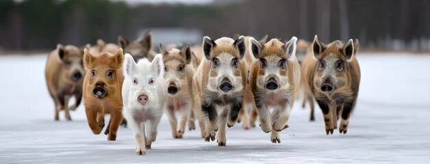 Naklejka premium Group of pigs running on a snowy landscape in winter, showcasing different breeds and colors with a blurred background of trees