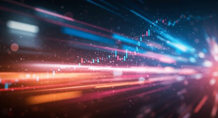 Abstract background of high-speed light trails representing a futuristic digital data stream and financial chart analysis.