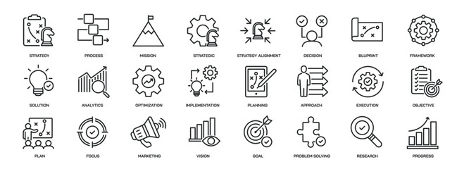 Set of collection line icons related Business strategy, planning, goal, development. Editable stroke. Perfect pixel on white background