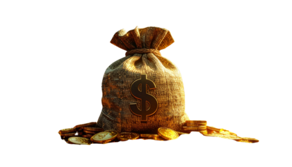 A burlap sack overflowing with money, a festive gift of wealth, a financial business object on white background.
