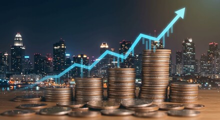 Stacks of coins in front of a city skyline at night, with an upward trending graph superimposed, symbolizing financial growth and investment.