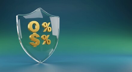 A transparent shield protecting golden zero percent and dollar percent symbols on a gradient blue-green background, symbolizing financial security and benefits.