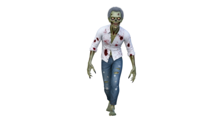 Isolated Walking Male Zombie with Torn Jeans, White Shirt Stained with Blood, Pale Skin