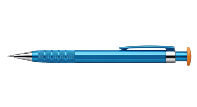 Isolated mechanical pencil, blue metal office writing implement, professional drafting tool