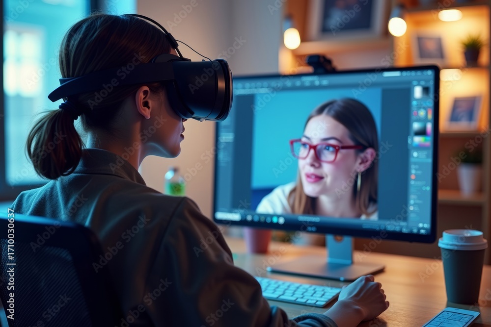 Poster designer enhancing photo in virtual office with digital tools using virtual reality headset