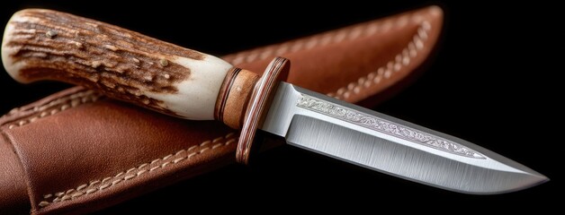 Handmade knife with a stag horn handle resting in a leather sheath highlighted with fine craftsmanship details