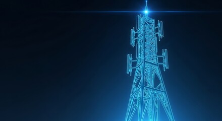 Futuristic glowing cellular network tower on a dark blue backdrop