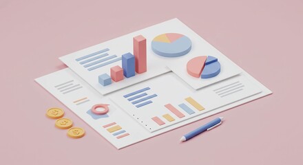 Isometric 3D rendering of business reports with bar graphs, pie charts, and financial data for analysis.