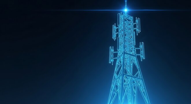 Futuristic glowing cellular network tower on a dark blue backdrop